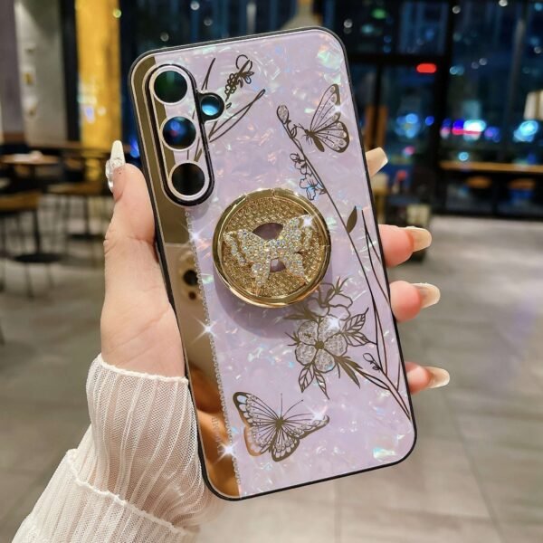 For Samsung Galaxy S23 FE/S23+/S23/S22+/S22/S21 Ultra/S21+/S21/A52 Phone Case Ladies Girl, Luxury Cute Sparkling Rhinestone Butterfly Flower Design With Ring Stand, Electroplated Glitter Girl Hard Case