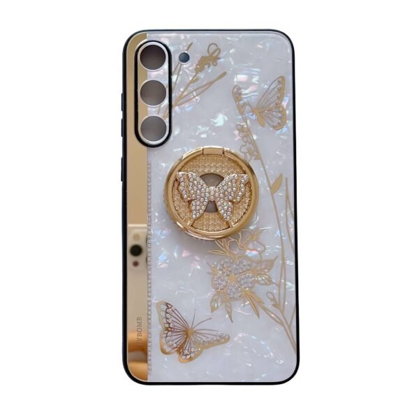 For Samsung Galaxy S23 FE/S23+/S23/S22+/S22/S21 Ultra/S21+/S21/A52 Phone Case Ladies Girl, Luxury Cute Sparkling Rhinestone Butterfly Flower Design With Ring Stand, Electroplated Glitter Girl Hard Case