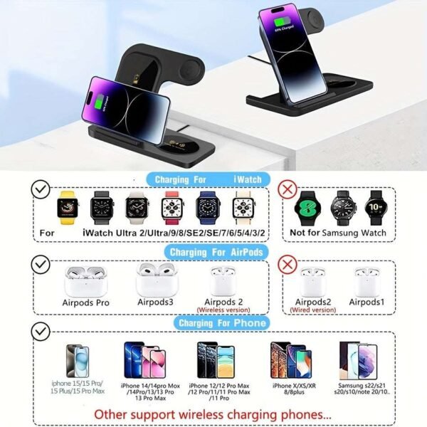 Wireless Charging Station for Multiple Devices Foldable 3 in 1 Fast Charger Station Stand Dock for iWatch Series 9 8 7 6 SE 5 4 3 2 Ultra Airpods Pro 3 2 iPhone 15 14Pro 14 13 Pro Max 13 12 11 Pro X Max XS XR 8