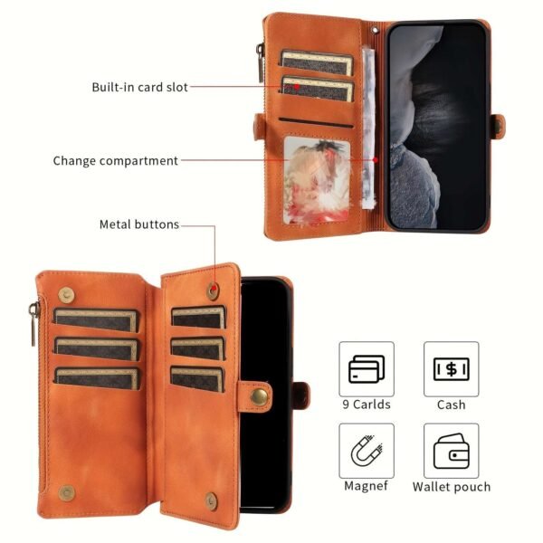 For IPhone 15/14/13/12/11 Pro Max Phone Case, Blocking Wallet Case For Women Men With 9 Credit Card Holder Zipper PU Faux Leather Protective Phone Cover