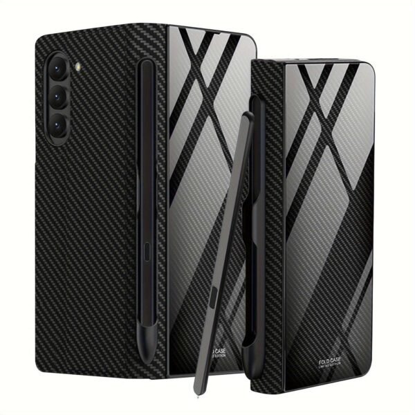 For Samsung Z Fold5 Glass Painted Mechanical Gear Pattern Mobile Phone Case Folding Screen Flip Pen Slot Faux Leather Glass Mobile Phone Case Business Special Simple Protective Cover