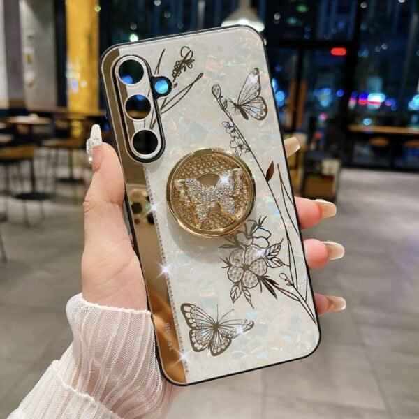 For Samsung Galaxy S23 FE/S23+/S23/S22+/S22/S21 Ultra/S21+/S21/A52 Phone Case Ladies Girl, Luxury Cute Sparkling Rhinestone Butterfly Flower Design With Ring Stand, Electroplated Glitter Girl Hard Case