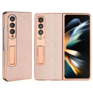 Electroplated Artificial Leather Phone Case For Samsung Galaxy Z Fold 5 4 3 Fold5 Fold4 Fold3 Mobile Cover With Hidden Bracket