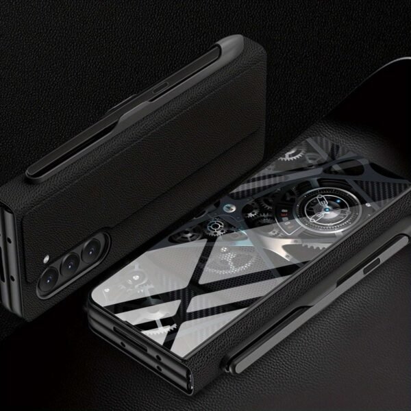 For Samsung Z Fold5 Glass Painted Mechanical Gear Pattern Mobile Phone Case Folding Screen Flip Pen Slot Faux Leather Glass Mobile Phone Case Business Special Simple Protective Cover