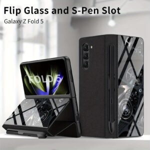 For Samsung Z Fold5 Glass Painted Mechanical Gear Pattern Mobile Phone Case Folding Screen Flip Pen Slot Faux Leather Glass Mobile Phone Case Business Special Simple Protective Cover