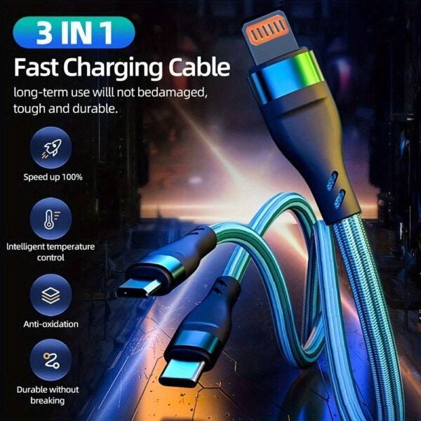 3 In 1 Cable For IPhone/Type-C/Android, 6A Super Fast Charging Data Cable For IPhone 15 14 13 12 11 XR XS Mas 8 7 6 6s Plus For Samsung, Google, Moto, Xiaomi Charger Cable For Car Use