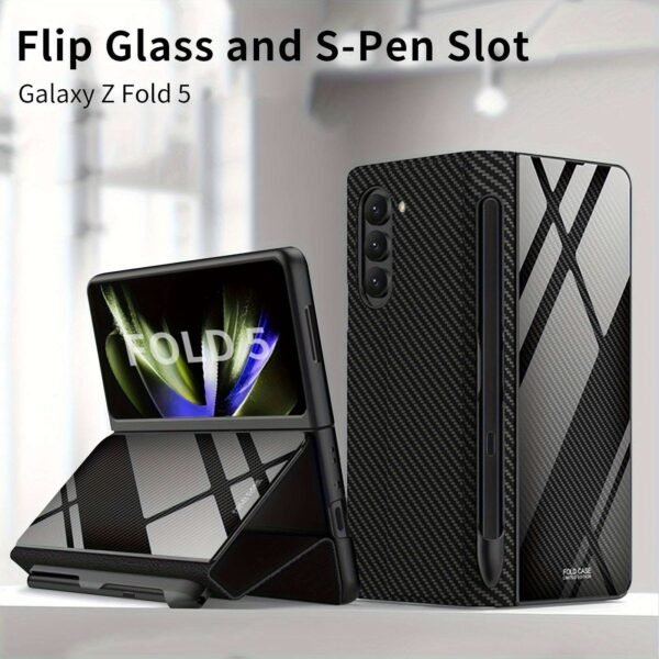For Samsung Z Fold5 Glass Painted Mechanical Gear Pattern Mobile Phone Case Folding Screen Flip Pen Slot Faux Leather Glass Mobile Phone Case Business Special Simple Protective Cover