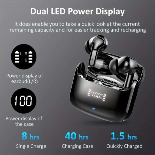 Wireless Earbud, Wireless Headphones 5.3 Stereo Bass Earphones, Ear Buds 40H Dual Mic Call, Earbud In-Ear USB-C LED Display Sport Headset.
