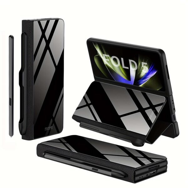 For Samsung Z Fold5 Glass Painted Mechanical Gear Pattern Mobile Phone Case Folding Screen Flip Pen Slot Faux Leather Glass Mobile Phone Case Business Special Simple Protective Cover