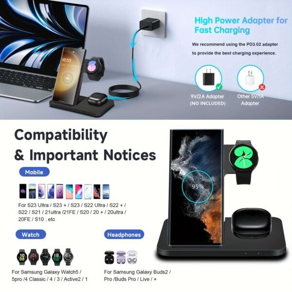 Foldable Wireless Charging Station For Samsung Multiple Devices 3 In 1 Fast Charger Dock Stand For Phone Galaxy Z Flip 4/3 Z Fold S23 S22 S21 S20 Ultra FE/Note 20 10 9, Galaxy Watch 5 Pro/5/4/3/Active 2/1, Buds+/Pro/Live