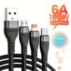 3 In 1 Cable For IPhone/Type-C/Android, 6A Super Fast Charging Data Cable For IPhone 15 14 13 12 11 XR XS Mas 8 7 6 6s Plus For Samsung, Google, Moto, Xiaomi Charger Cable For Car Use