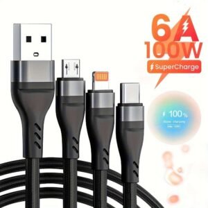 3 In 1 Cable For IPhone/Type-C/Android, 6A Super Fast Charging Data Cable For IPhone 15 14 13 12 11 XR XS Mas 8 7 6 6s Plus For Samsung, Google, Moto, Xiaomi Charger Cable For Car Use
