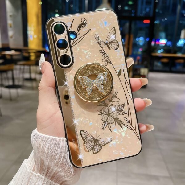For Samsung Galaxy S23 FE/S23+/S23/S22+/S22/S21 Ultra/S21+/S21/A52 Phone Case Ladies Girl, Luxury Cute Sparkling Rhinestone Butterfly Flower Design With Ring Stand, Electroplated Glitter Girl Hard Case