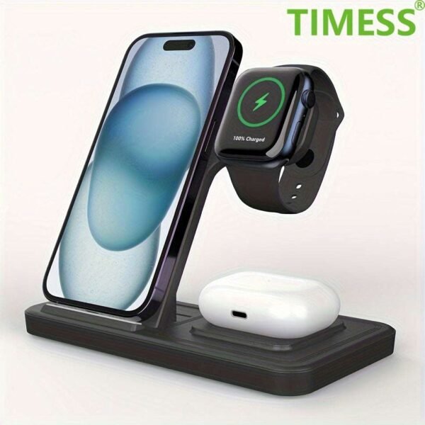TIMESS-Foldable 3 in 1 fast charging station, 15W Wireless Charger Stand for iPhone 15,14,13,12,11/Pro/Max/Mini/Plus, X, XR, XS/Max, SE,8/Plus, suitable for iWatch 1-9, suitable for Airpods 3/2/Pro