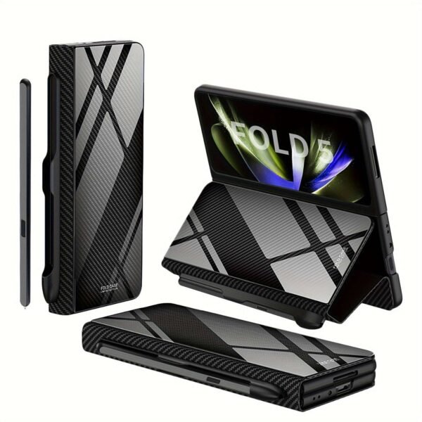 For Samsung Z Fold5 Glass Painted Mechanical Gear Pattern Mobile Phone Case Folding Screen Flip Pen Slot Faux Leather Glass Mobile Phone Case Business Special Simple Protective Cover