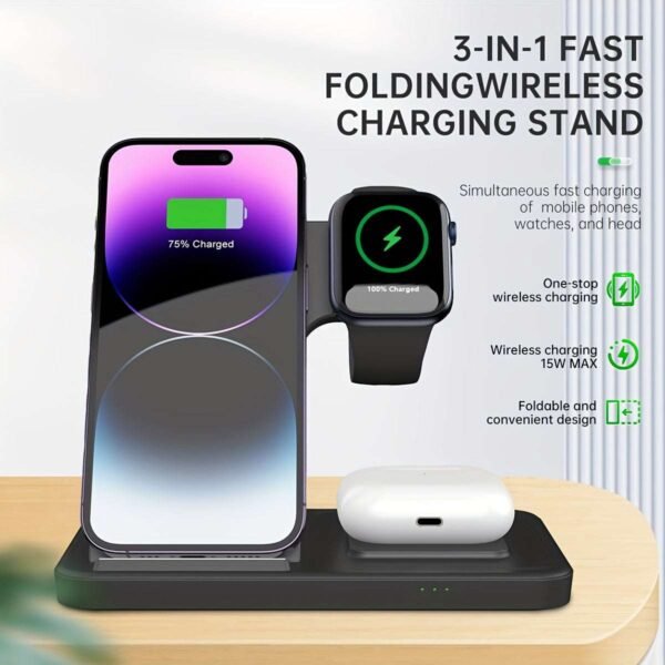 TIMESS-Foldable 3 in 1 fast charging station, 15W Wireless Charger Stand for iPhone 15,14,13,12,11/Pro/Max/Mini/Plus, X, XR, XS/Max, SE,8/Plus, suitable for iWatch 1-9, suitable for Airpods 3/2/Pro