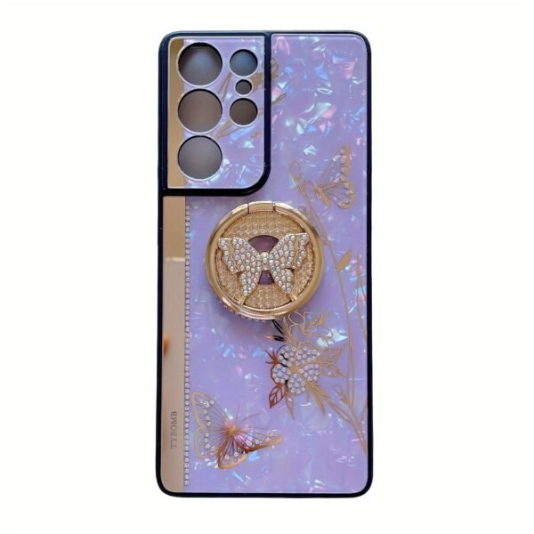 For Samsung Galaxy S23 FE/S23+/S23/S22+/S22/S21 Ultra/S21+/S21/A52 Phone Case Ladies Girl, Luxury Cute Sparkling Rhinestone Butterfly Flower Design With Ring Stand, Electroplated Glitter Girl Hard Case