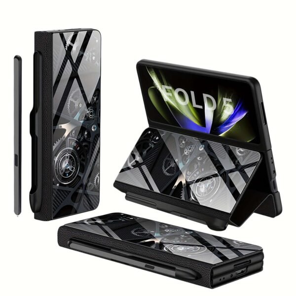 For Samsung Z Fold5 Glass Painted Mechanical Gear Pattern Mobile Phone Case Folding Screen Flip Pen Slot Faux Leather Glass Mobile Phone Case Business Special Simple Protective Cover