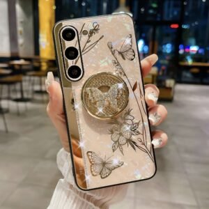 For Samsung Galaxy S23 FE/S23+/S23/S22+/S22/S21 Ultra/S21+/S21/A52 Phone Case Ladies Girl, Luxury Cute Sparkling Rhinestone Butterfly Flower Design With Ring Stand, Electroplated Glitter Girl Hard Case