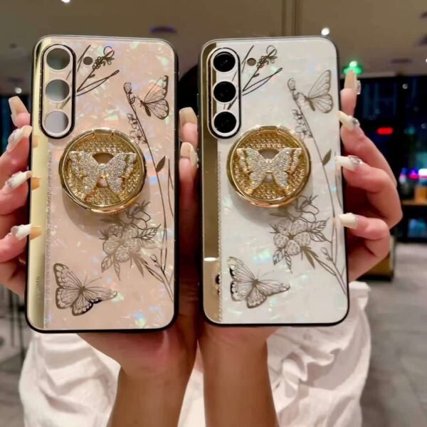 For Samsung Galaxy S23 FE/S23+/S23/S22+/S22/S21 Ultra/S21+/S21/A52 Phone Case Ladies Girl, Luxury Cute Sparkling Rhinestone Butterfly Flower Design With Ring Stand, Electroplated Glitter Girl Hard Case