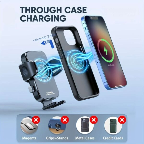 Wireless Car Charger, 15W Qi Fast Charging Dashboard Car Charger Phone Holder, Compatible with iPhone 14 13 12 11, Samsung S23 S22 S21 S20, etc.